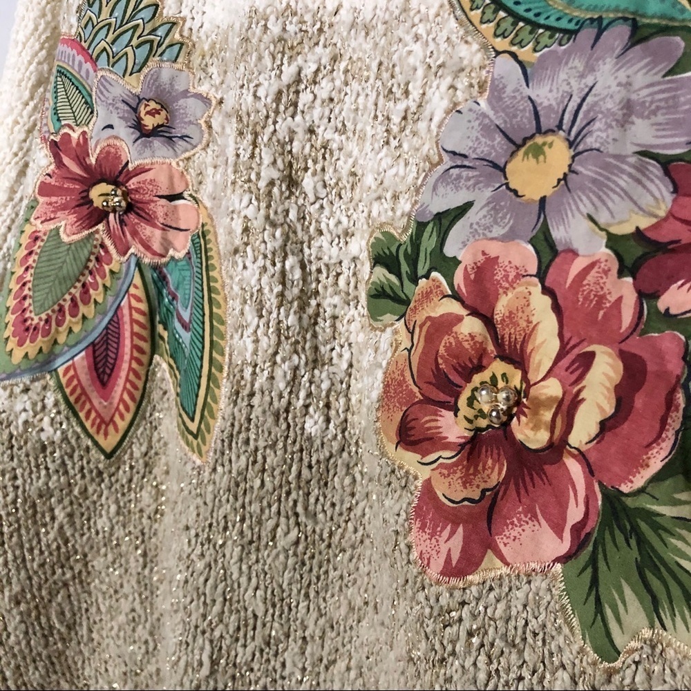 Vintage Floral Patchwork Chunky Metallic Knit Sweater SZ M - Picture 3 of 5
